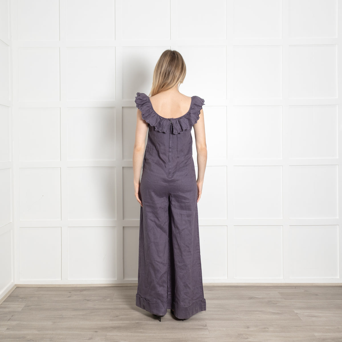 See By Chloe Blue Linen Frill Trim Neck Sleeveless Jumpsuit