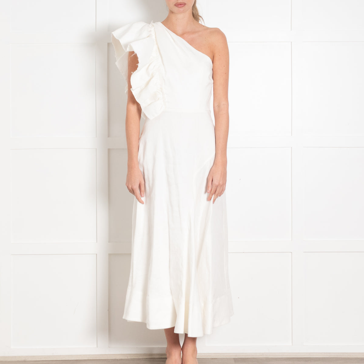 Aje White Ramie One Shoulder Frill Midi Dress