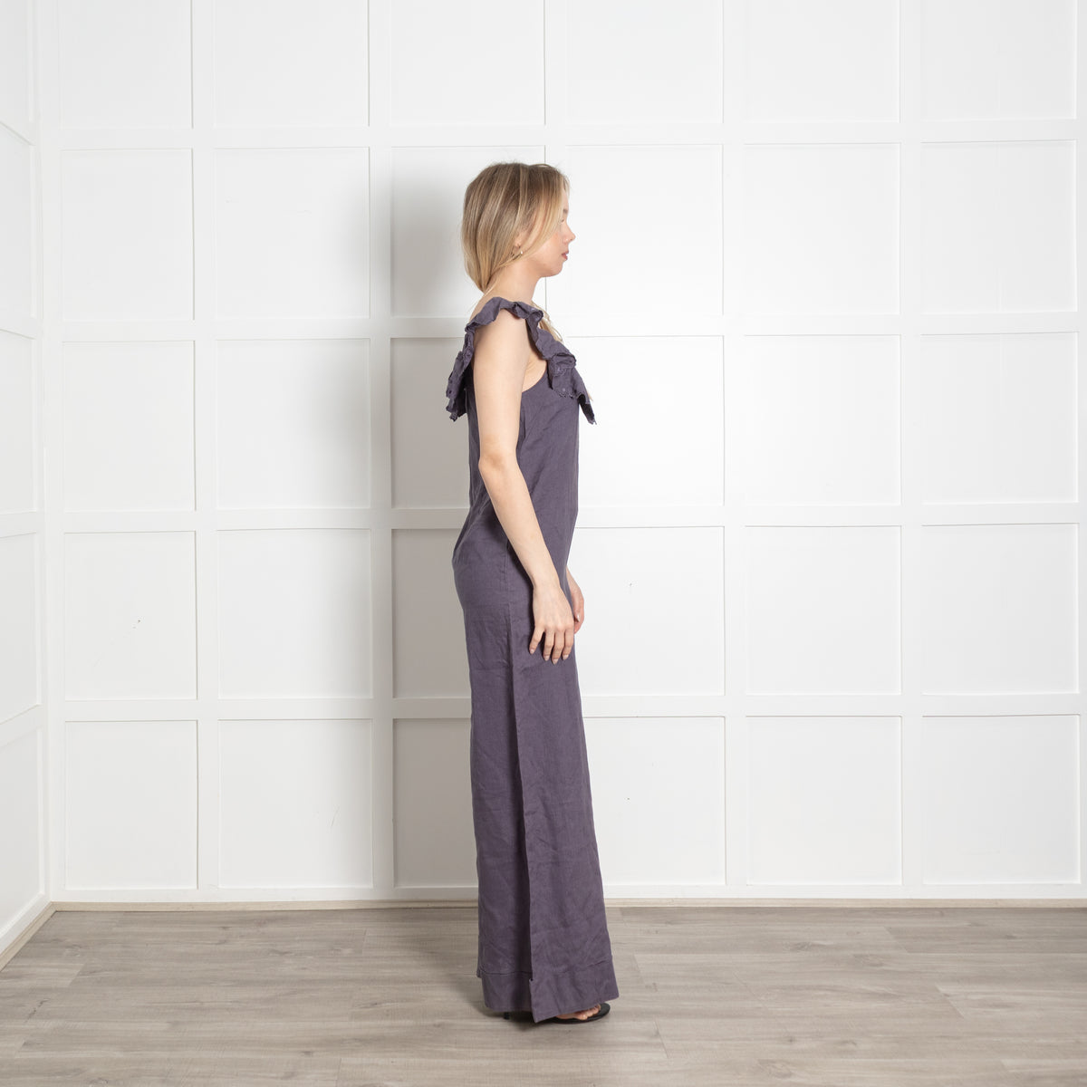 See By Chloe Blue Linen Frill Trim Neck Sleeveless Jumpsuit