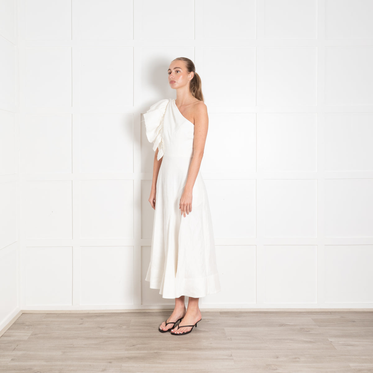Aje White Ramie One Shoulder Frill Midi Dress