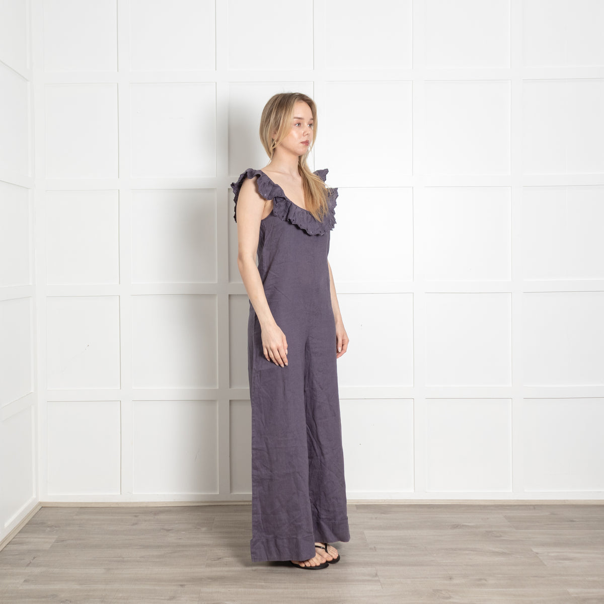 See By Chloe Blue Linen Frill Trim Neck Sleeveless Jumpsuit