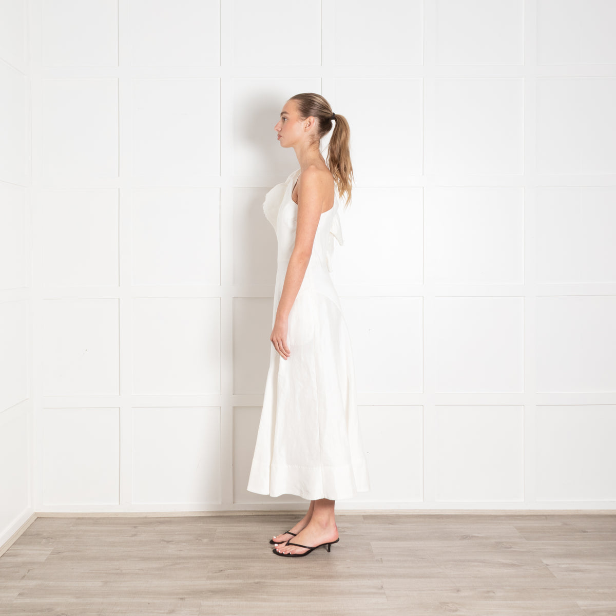 Aje White Ramie One Shoulder Frill Midi Dress
