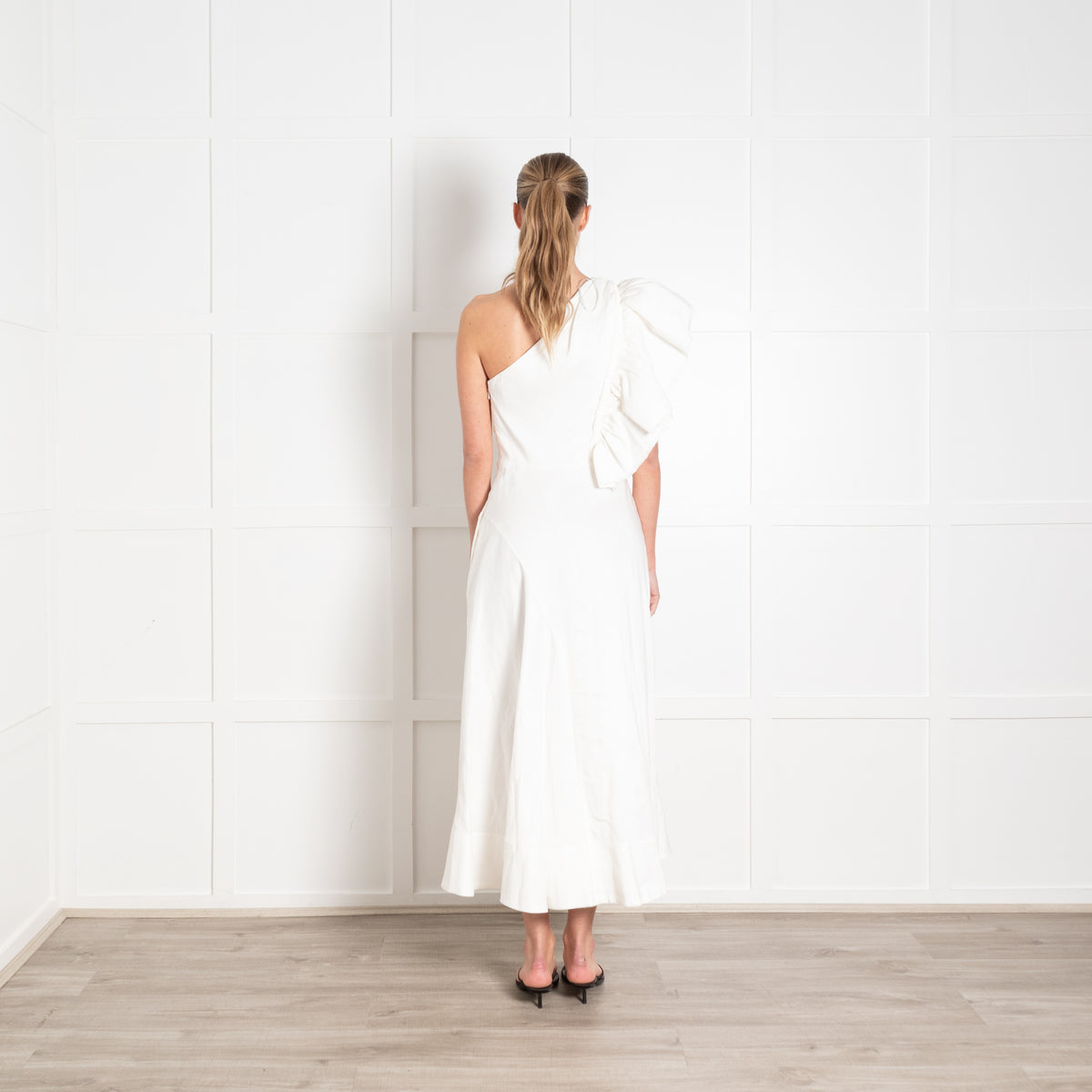 Aje White Ramie One Shoulder Frill Midi Dress