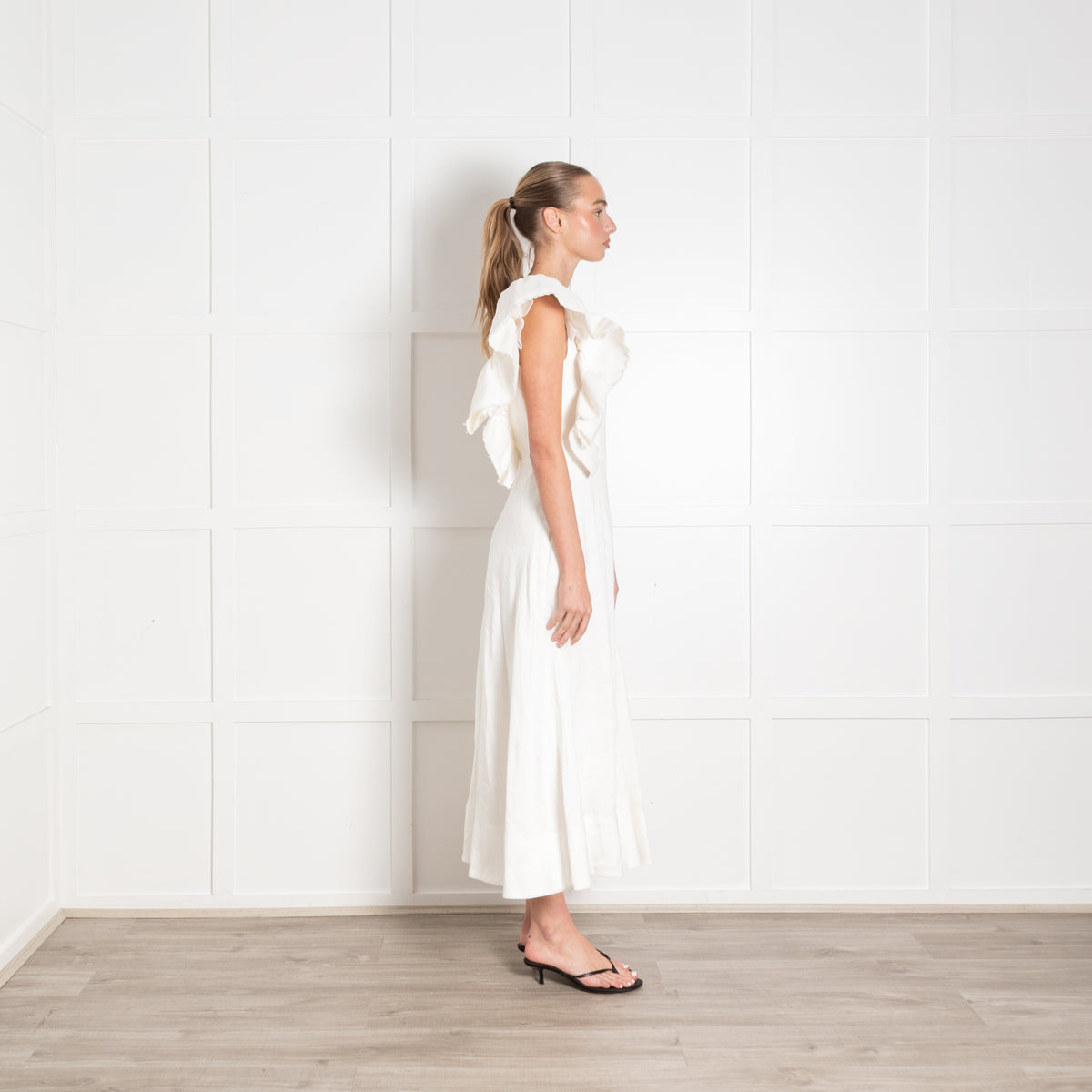 Aje White Ramie One Shoulder Frill Midi Dress
