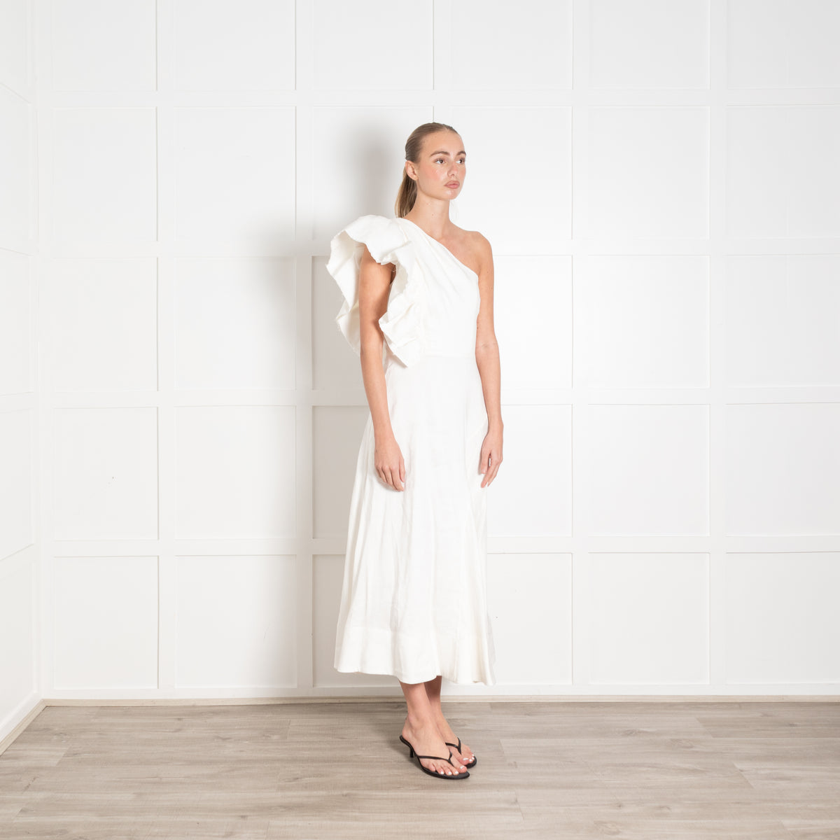 Aje White Ramie One Shoulder Frill Midi Dress