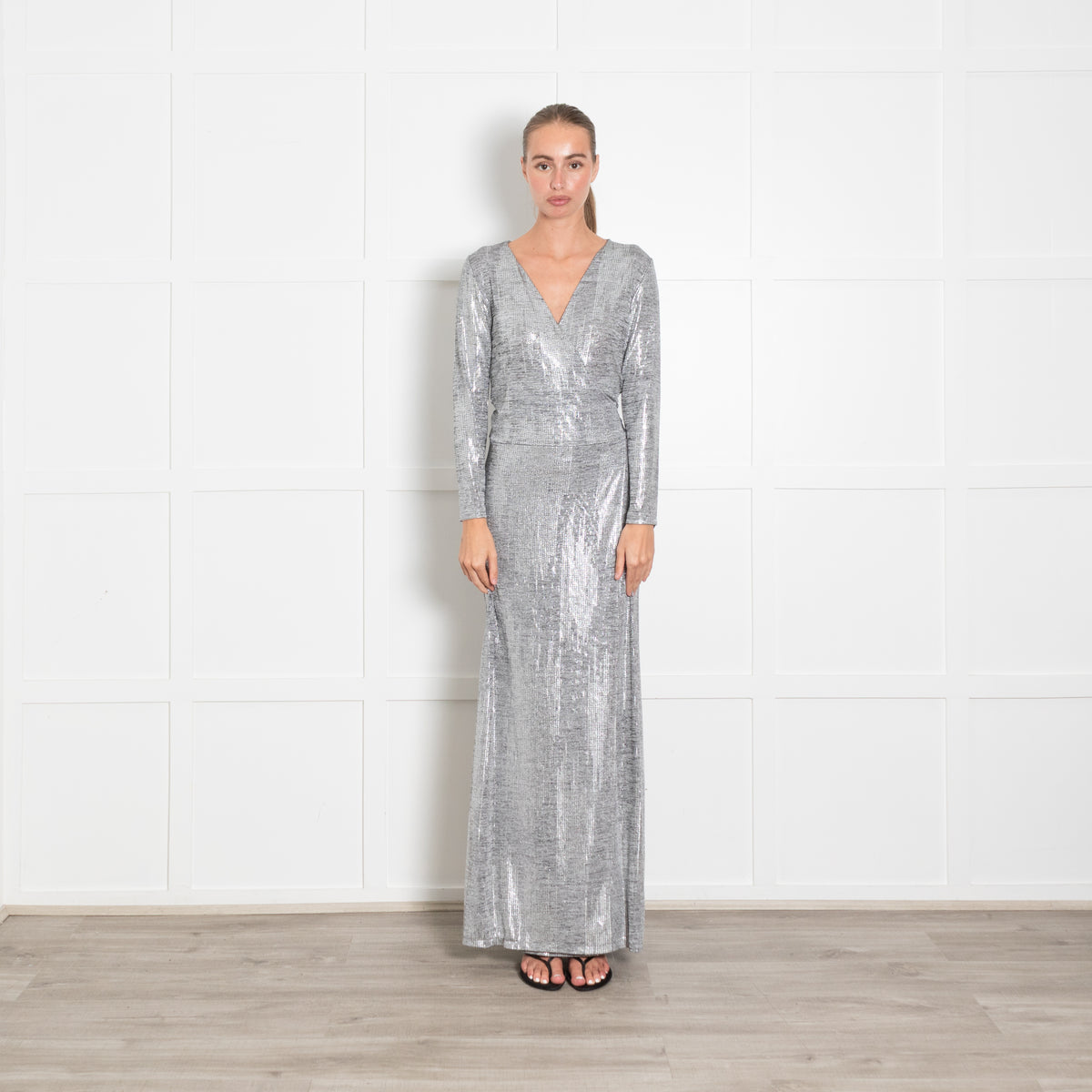 Melissa Odabash Silver Wrap Long Sleeve Maxi