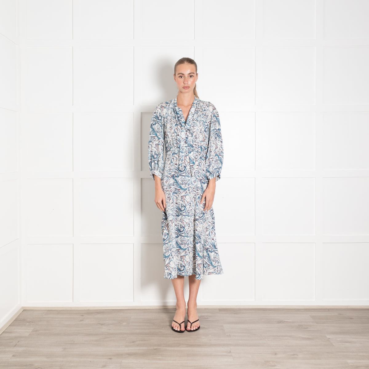 Cefinn Blue And Brown Swirl Print Dress With Tie Neck