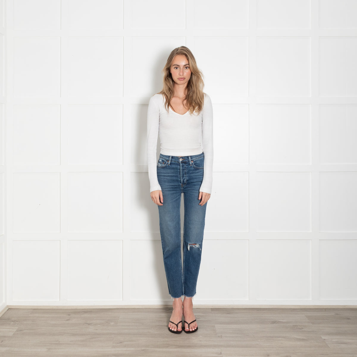 Re/Done Dark Denim Distressed Raw Edge Cropped Jeans