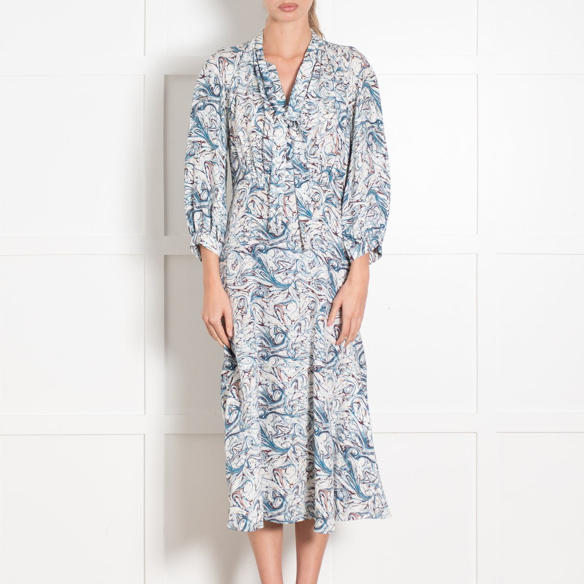 Cefinn Blue And Brown Swirl Print Dress With Tie Neck
