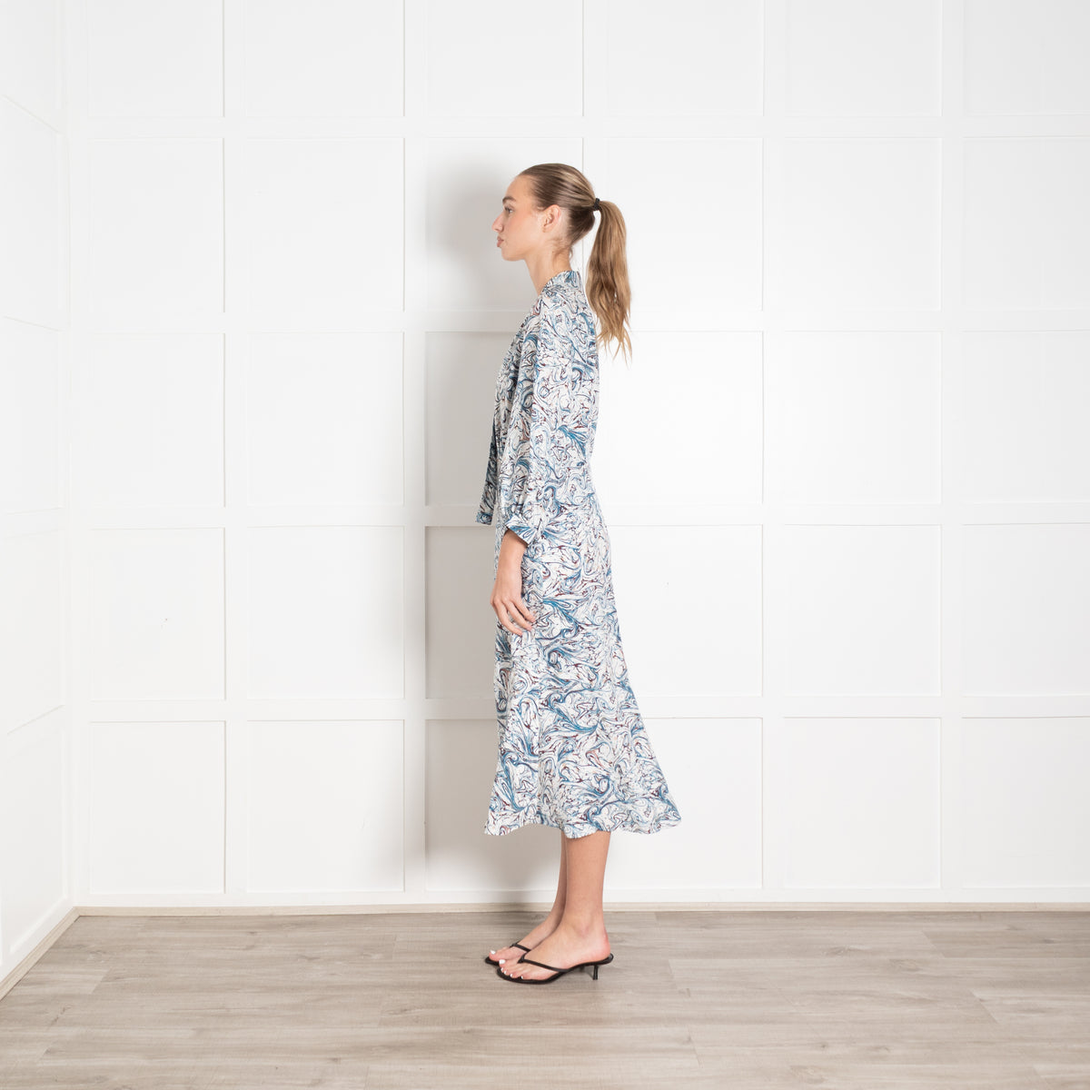 Cefinn Blue And Brown Swirl Print Dress With Tie Neck