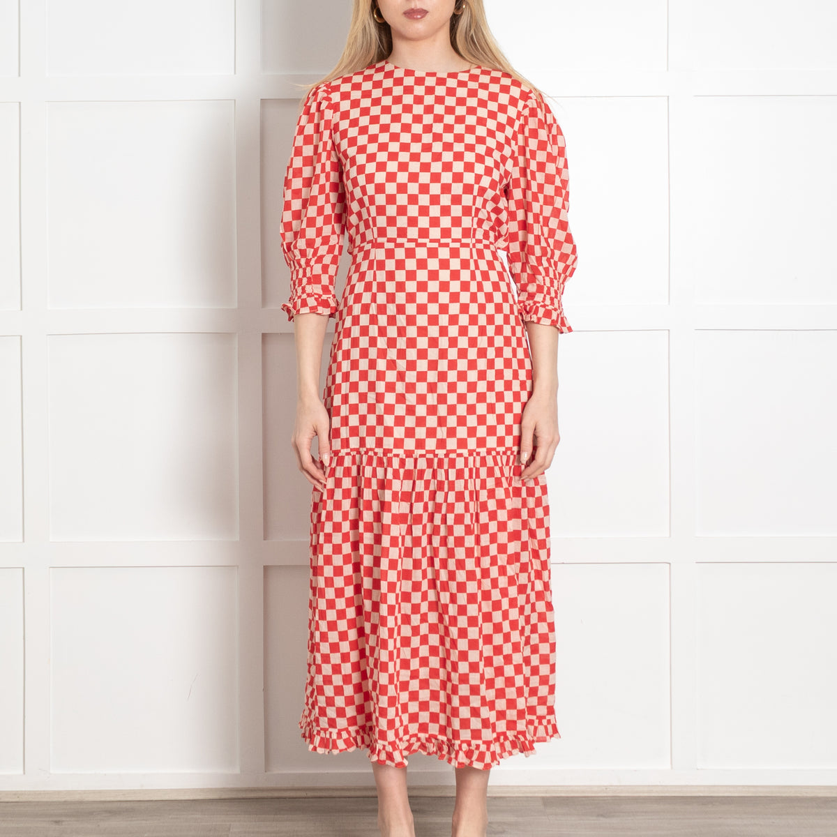 Rixo Cream Red Checked Cotton Open Back Maxi Dress