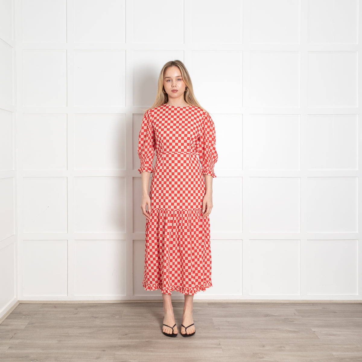 Rixo Cream Red Checked Cotton Open Back Maxi Dress