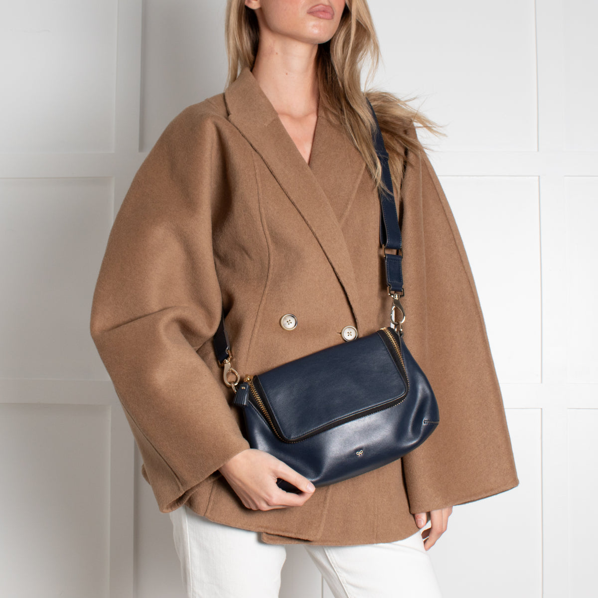 Anya Hindmarch Navy Blue Leather Maxi Zip Crossbody Bag