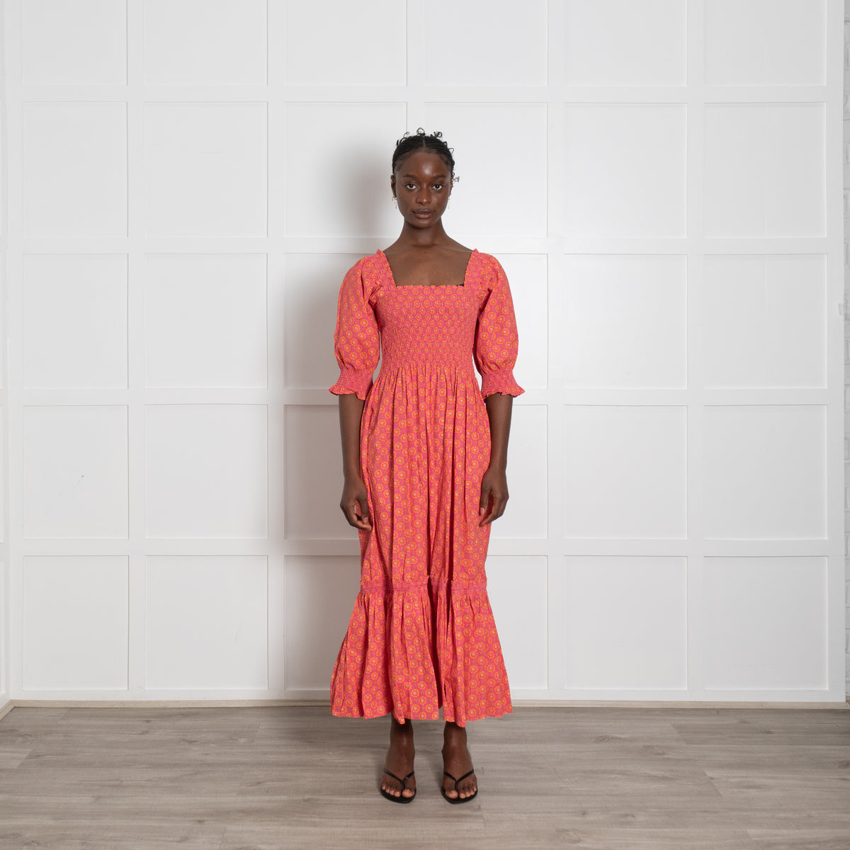 Wyse Pink and Orange Shirred Midi Dress