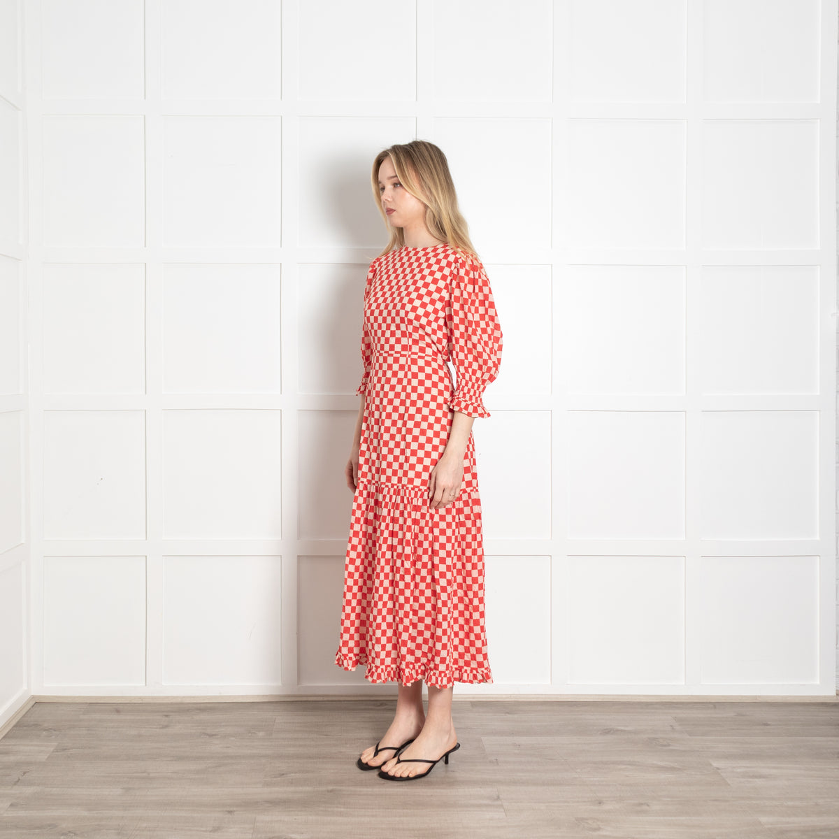 Rixo Cream Red Checked Cotton Open Back Maxi Dress