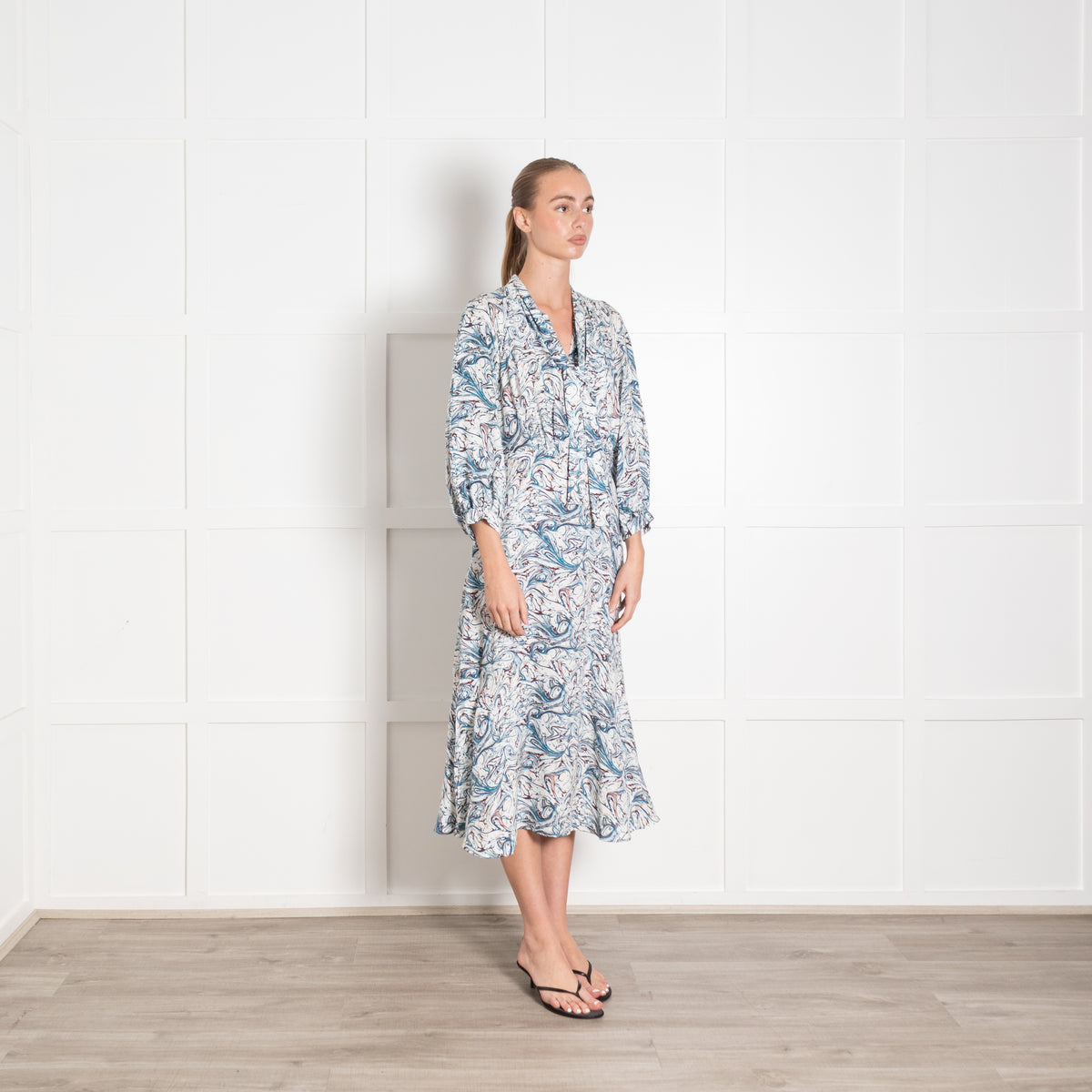 Cefinn Blue And Brown Swirl Print Dress With Tie Neck
