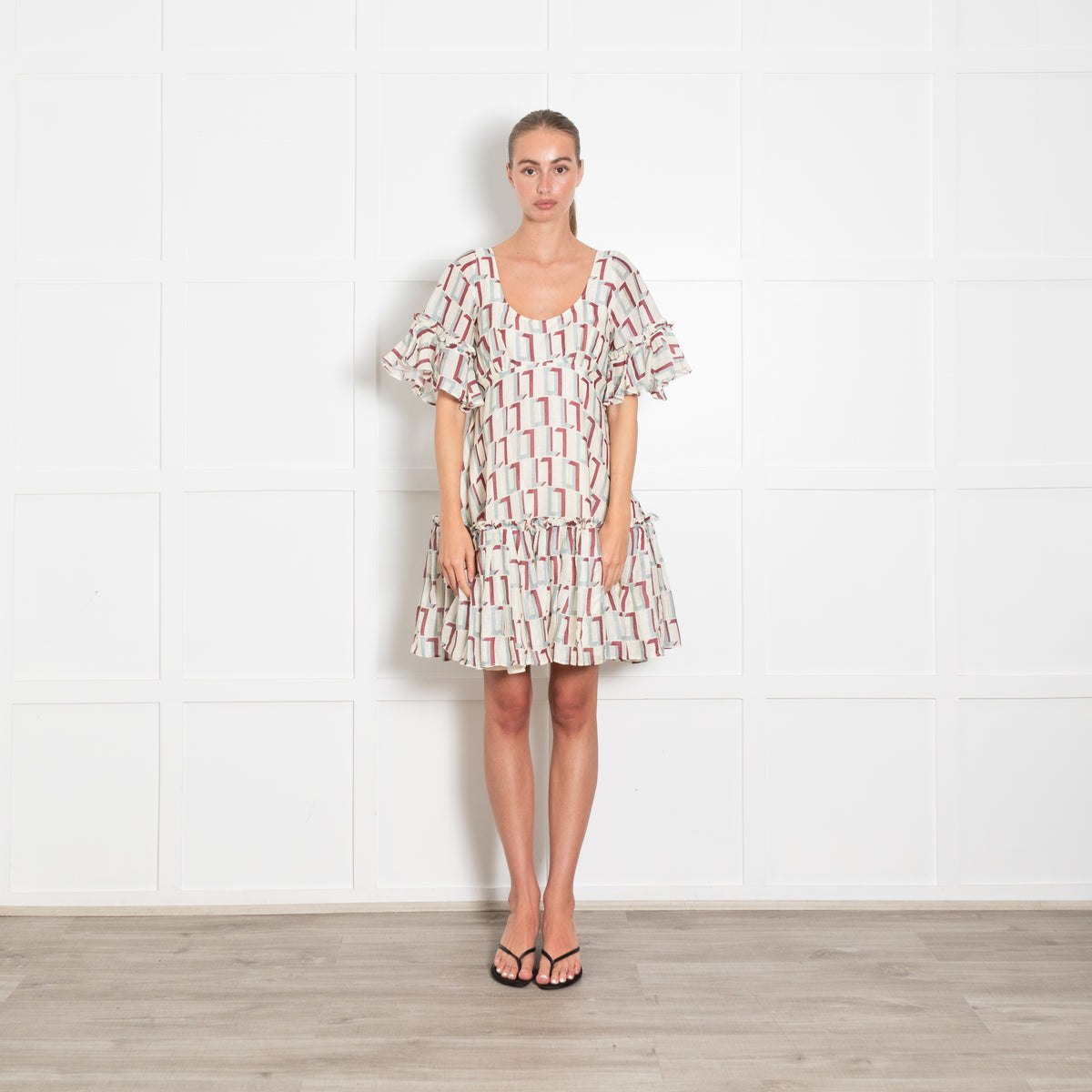 Leo Lin Cream Print Silk Linen Geometric Print Dress