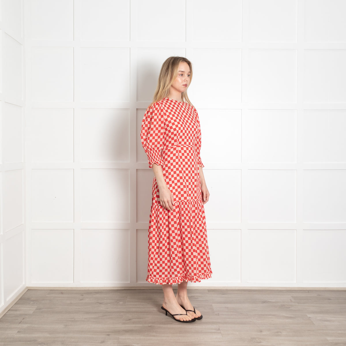 Rixo Cream Red Checked Cotton Open Back Maxi Dress
