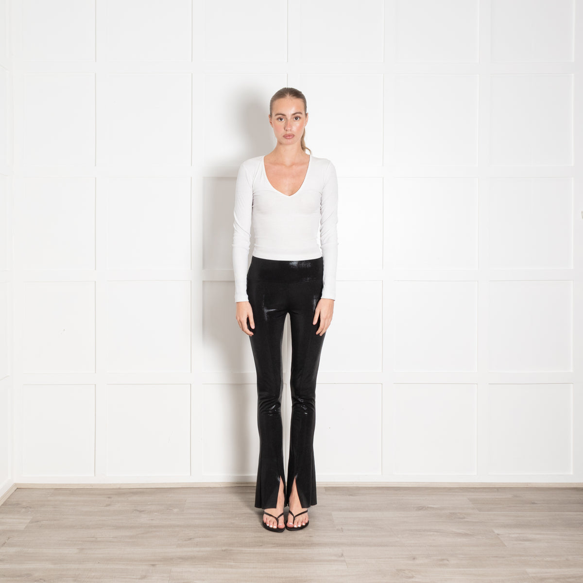 Norma Kamali Black Stretch Shiny Flare Leggings