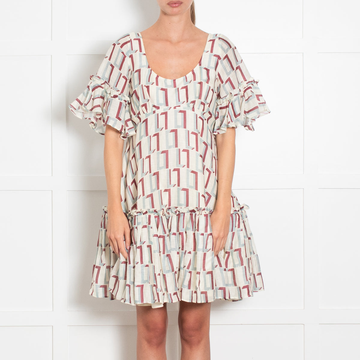 Leo Lin Cream Print Silk Linen Geometric Print Dress
