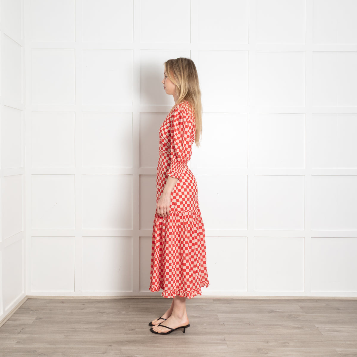 Rixo Cream Red Checked Cotton Open Back Maxi Dress