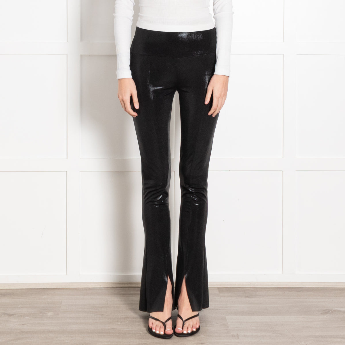 Norma Kamali Black Stretch Shiny Flare Leggings