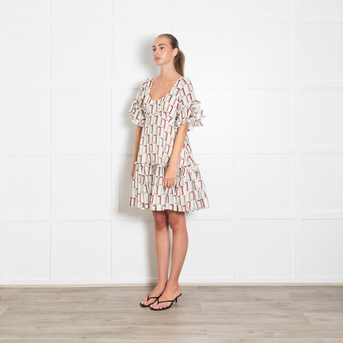Leo Lin Cream Print Silk Linen Geometric Print Dress