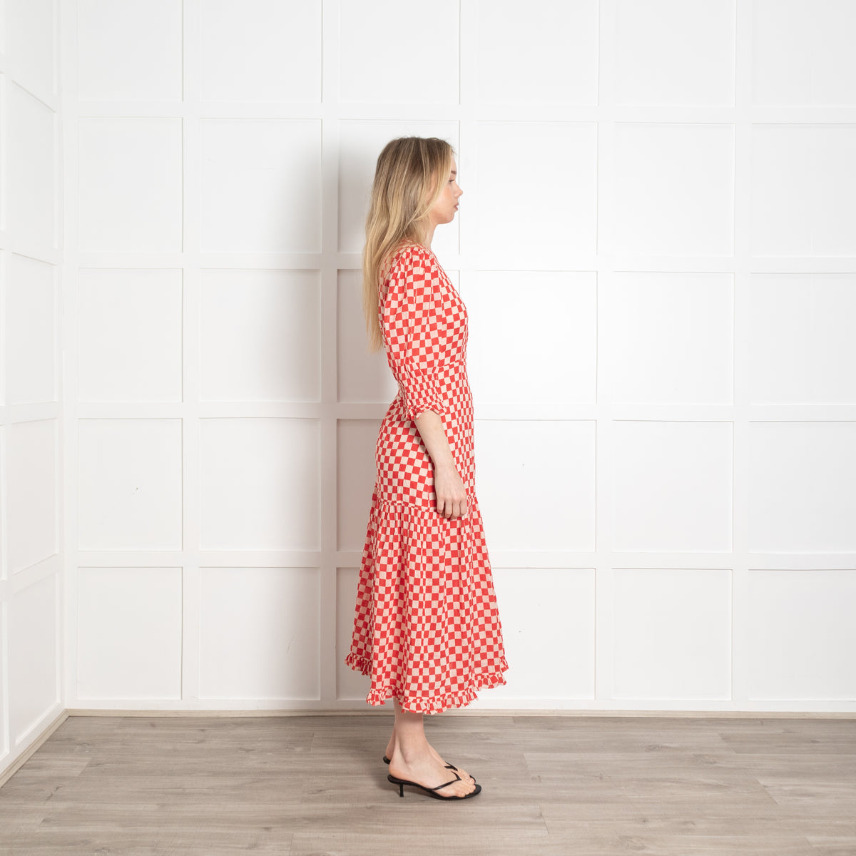 Rixo Cream Red Checked Cotton Open Back Maxi Dress