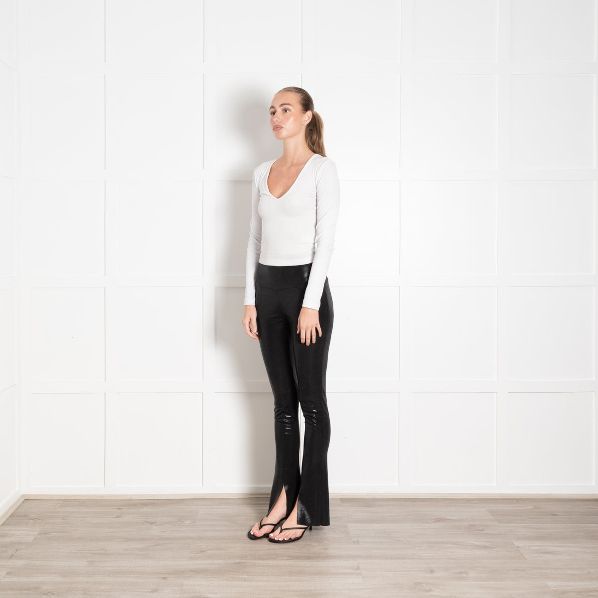 Norma Kamali Black Stretch Shiny Flare Leggings