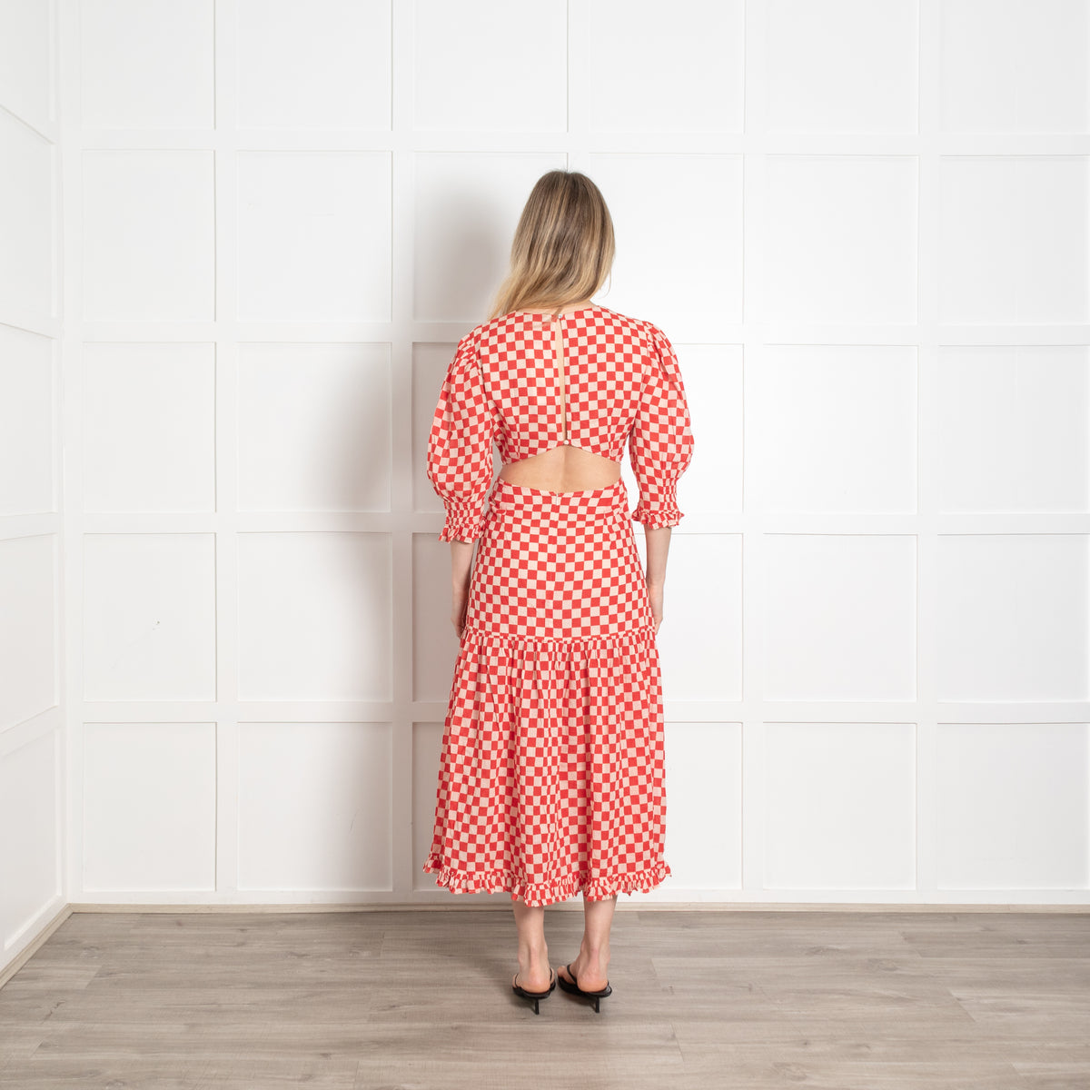 Rixo Cream Red Checked Cotton Open Back Maxi Dress