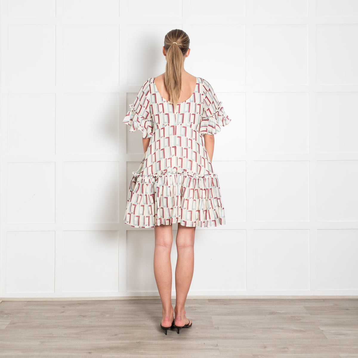 Leo Lin Cream Print Silk Linen Geometric Print Dress