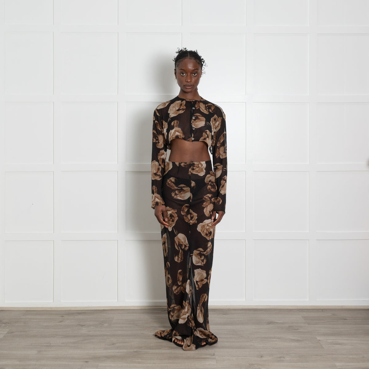 Hyphen Studio Black Floral Print Crop Top and Maxi Skirt Set