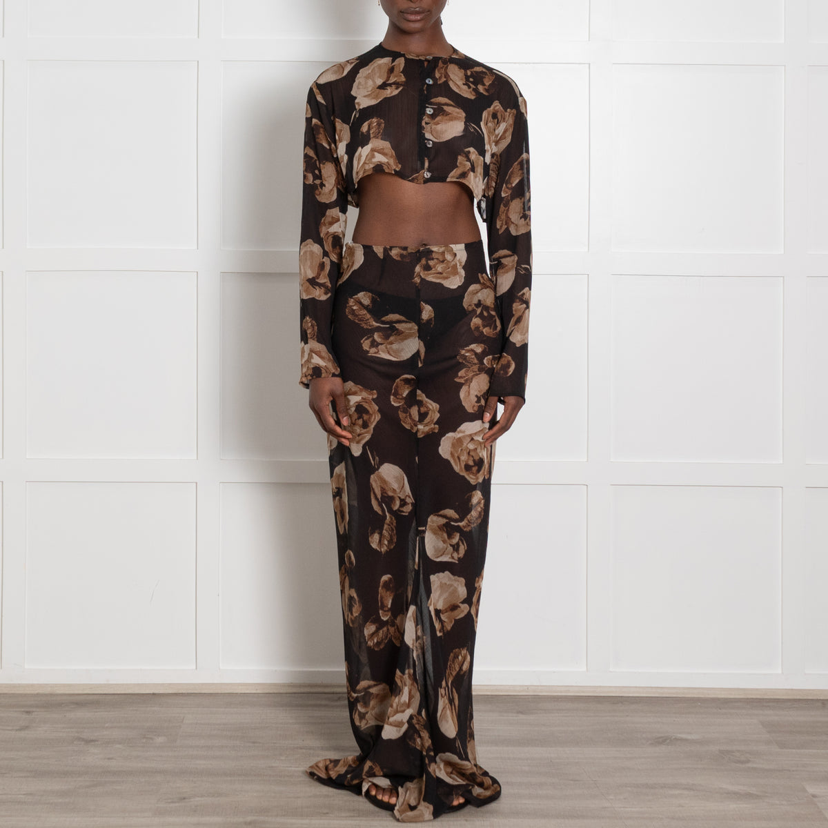 Hyphen Studio Black Floral Print Crop Top and Maxi Skirt Set