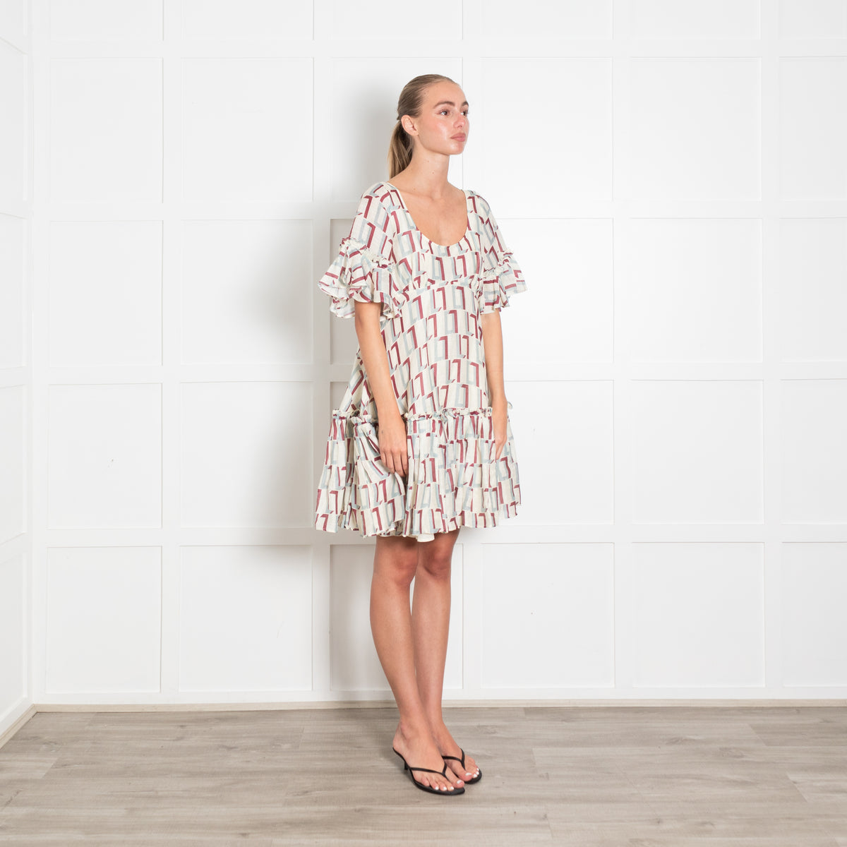 Leo Lin Cream Print Silk Linen Geometric Print Dress