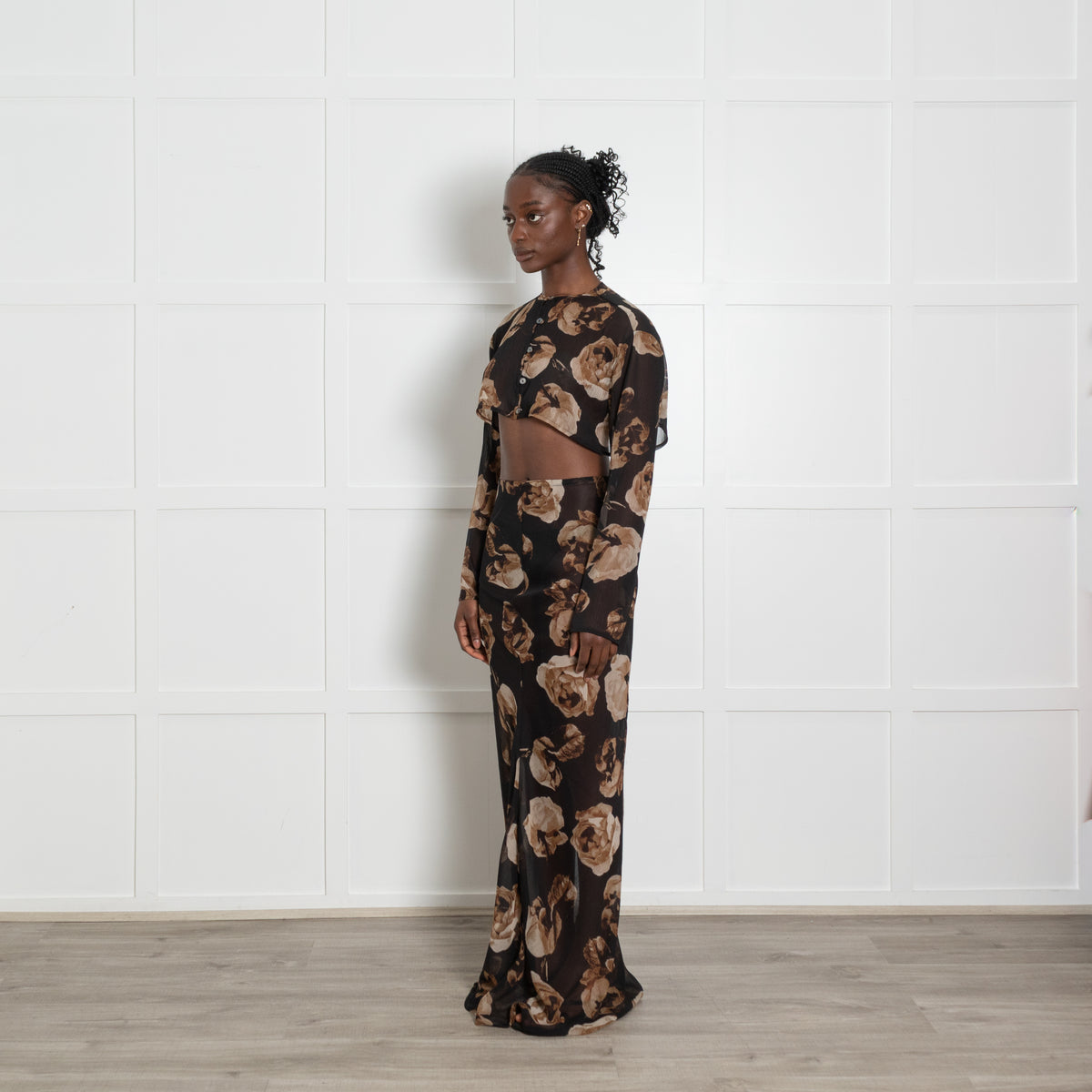 Hyphen Studio Black Floral Print Crop Top and Maxi Skirt Set