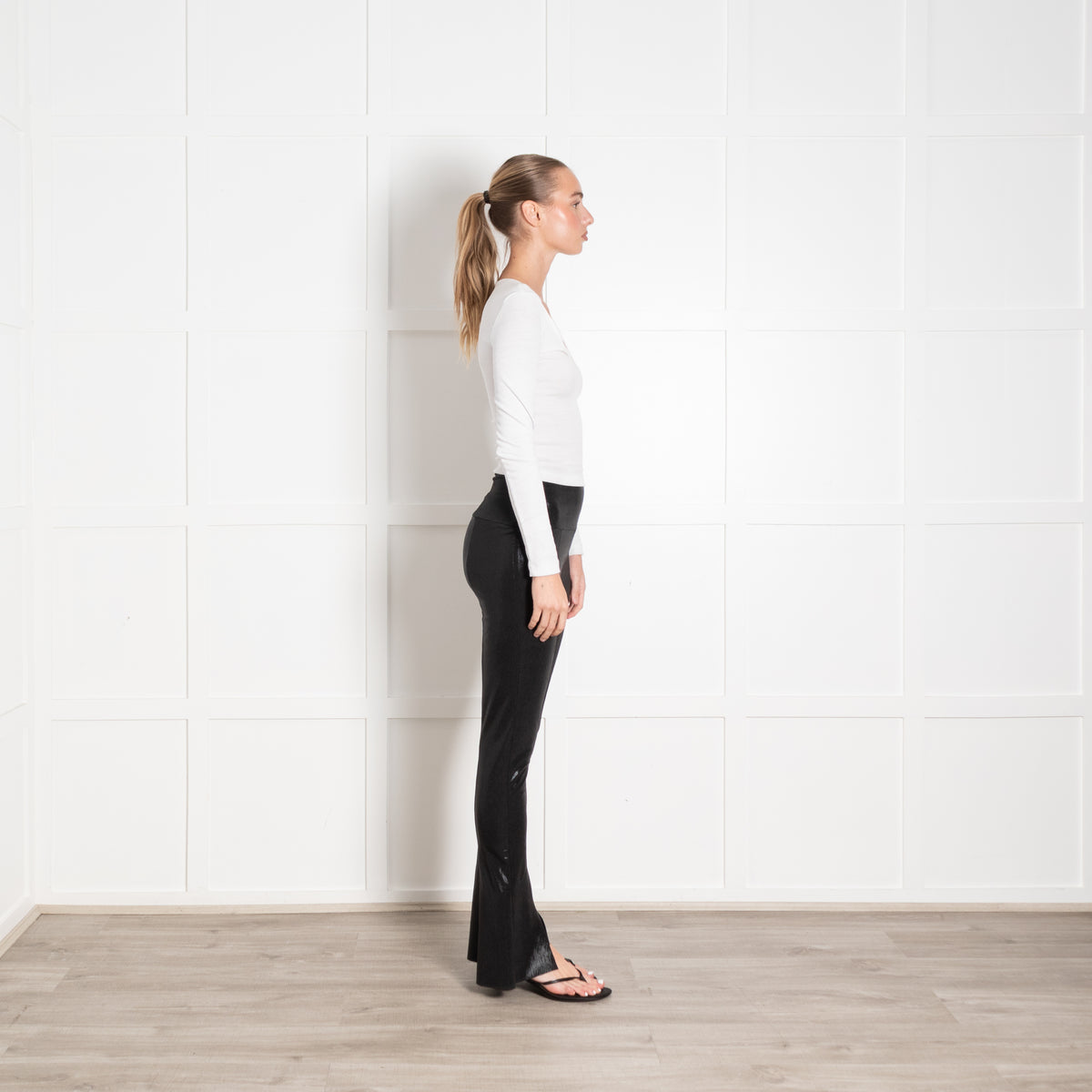 Norma Kamali Black Stretch Shiny Flare Leggings