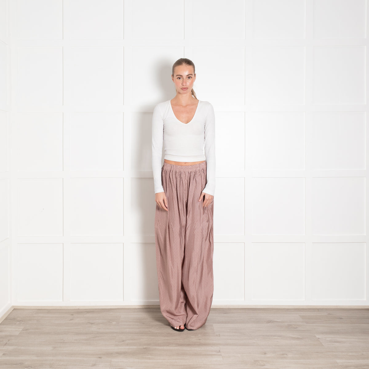 Zanini Mauve Patterned Wide Leg Silky Trousers