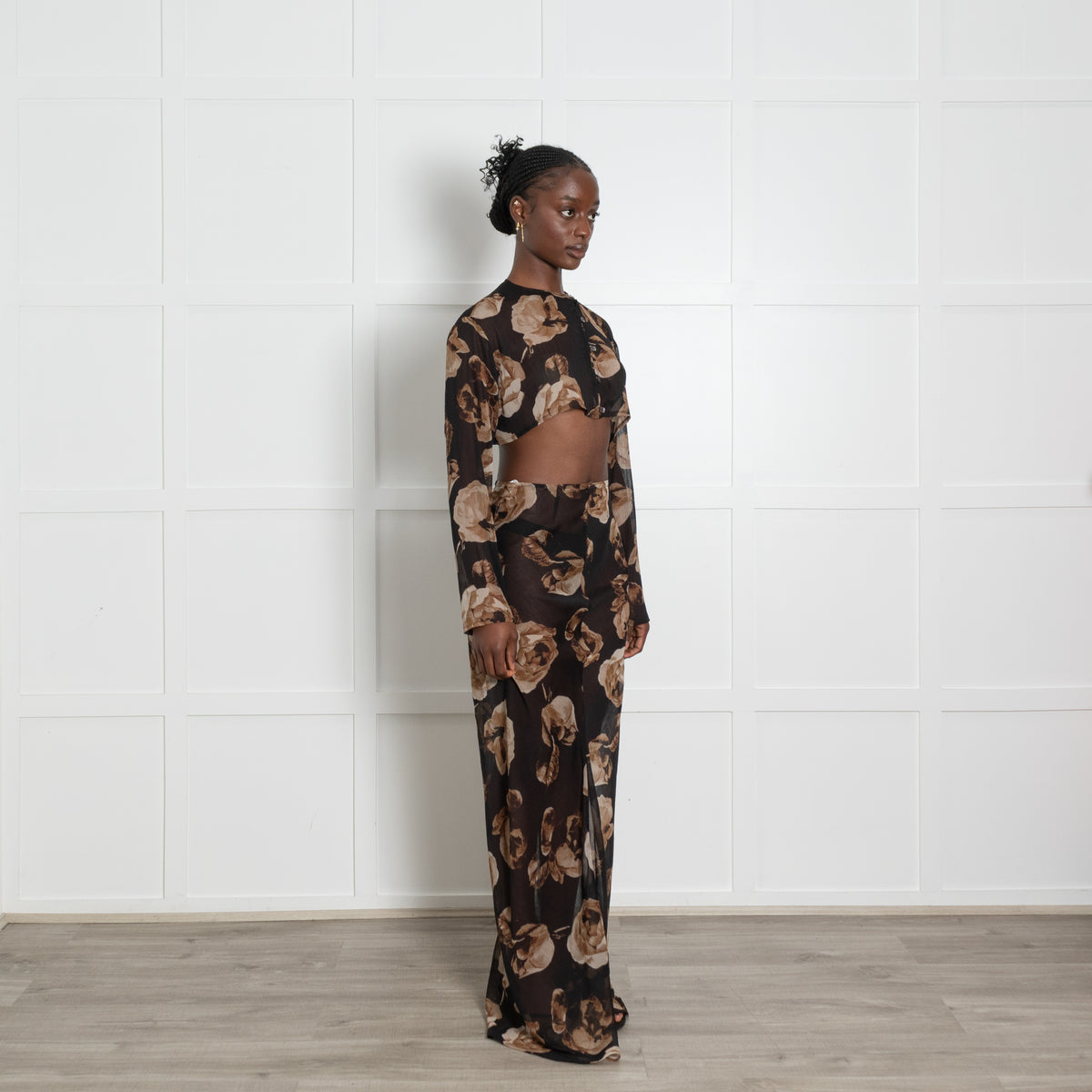 Hyphen Studio Black Floral Print Crop Top and Maxi Skirt Set