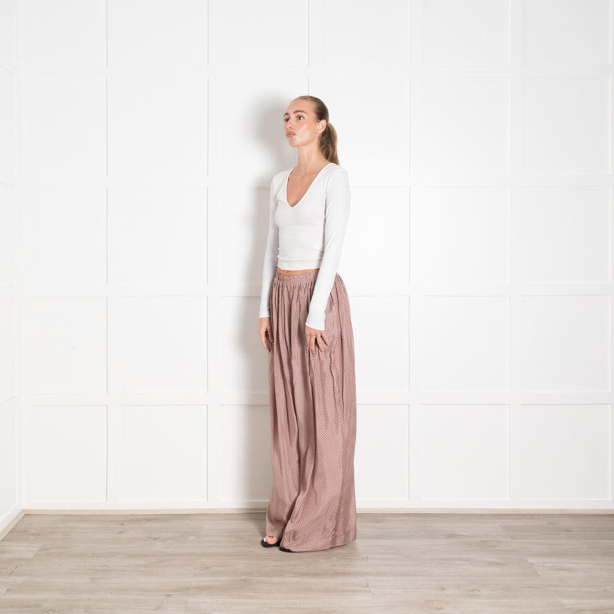 Zanini Mauve Patterned Wide Leg Silky Trousers