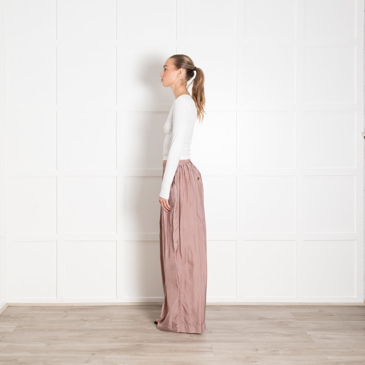 Zanini Mauve Patterned Wide Leg Silky Trousers