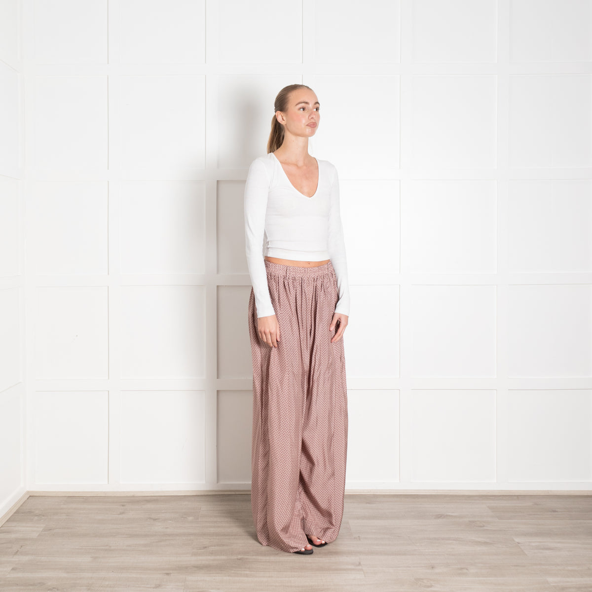 Zanini Mauve Patterned Wide Leg Silky Trousers