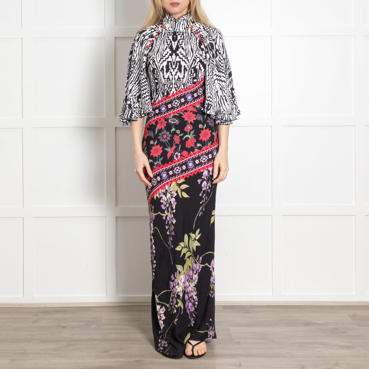 Hayley Menzies White Black Red Floral Frill Trim Maxi Dress