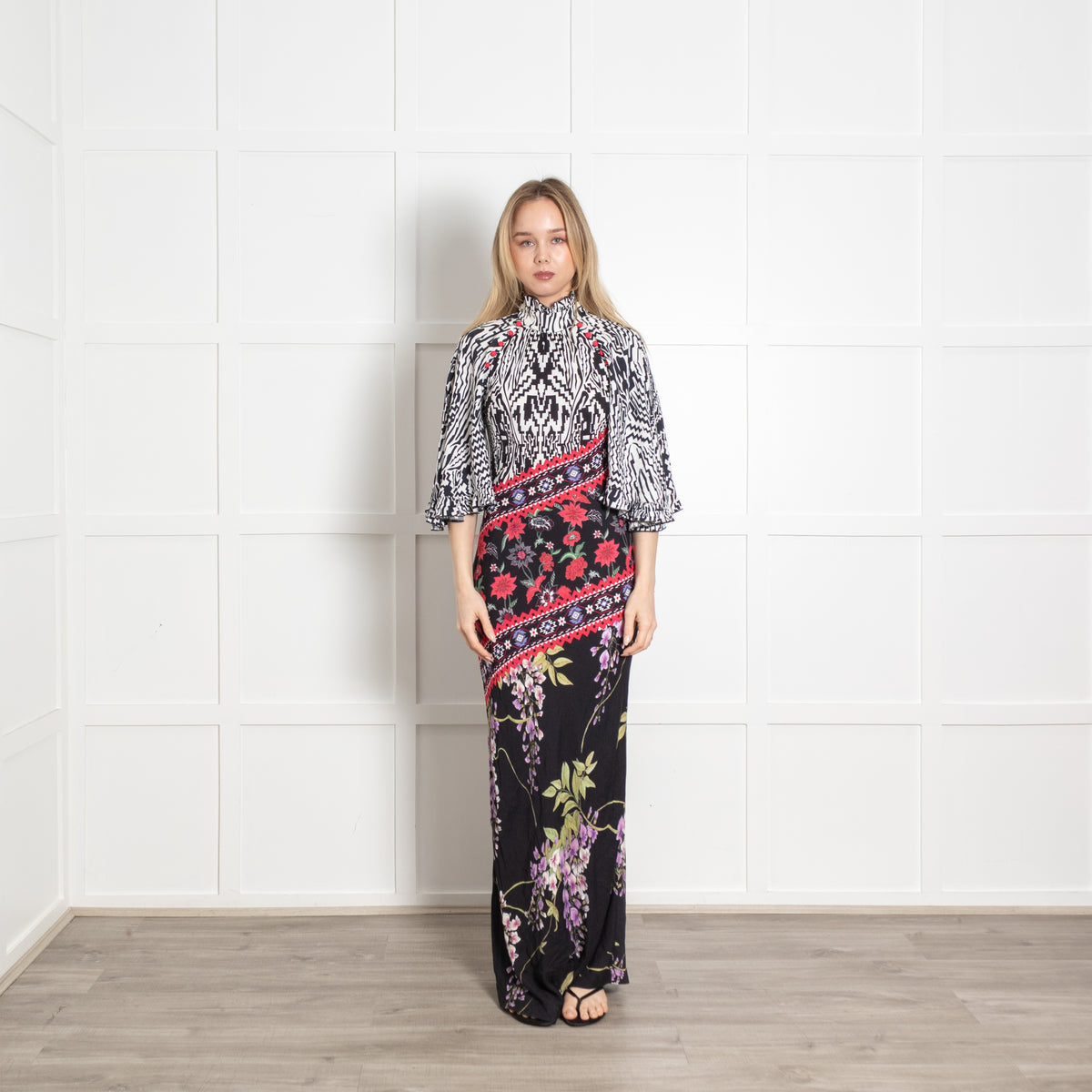 Hayley Menzies White Black Red Floral Frill Trim Maxi Dress