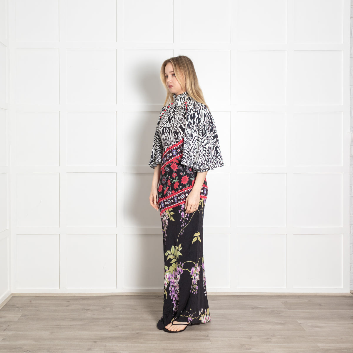 Hayley Menzies White Black Red Floral Frill Trim Maxi Dress