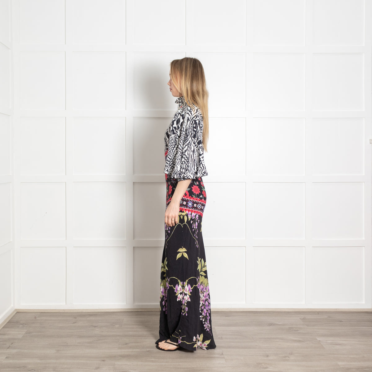 Hayley Menzies White Black Red Floral Frill Trim Maxi Dress