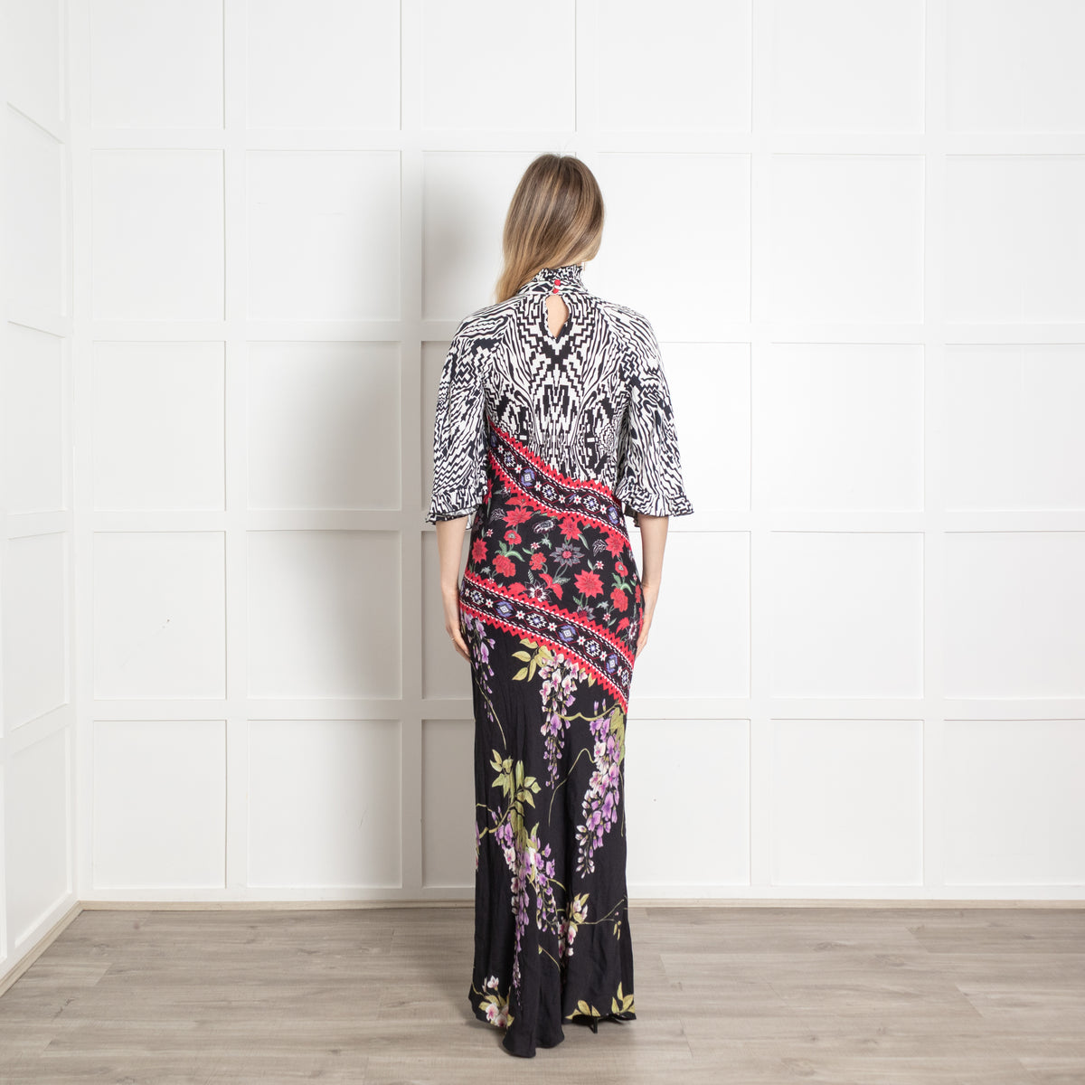 Hayley Menzies White Black Red Floral Frill Trim Maxi Dress