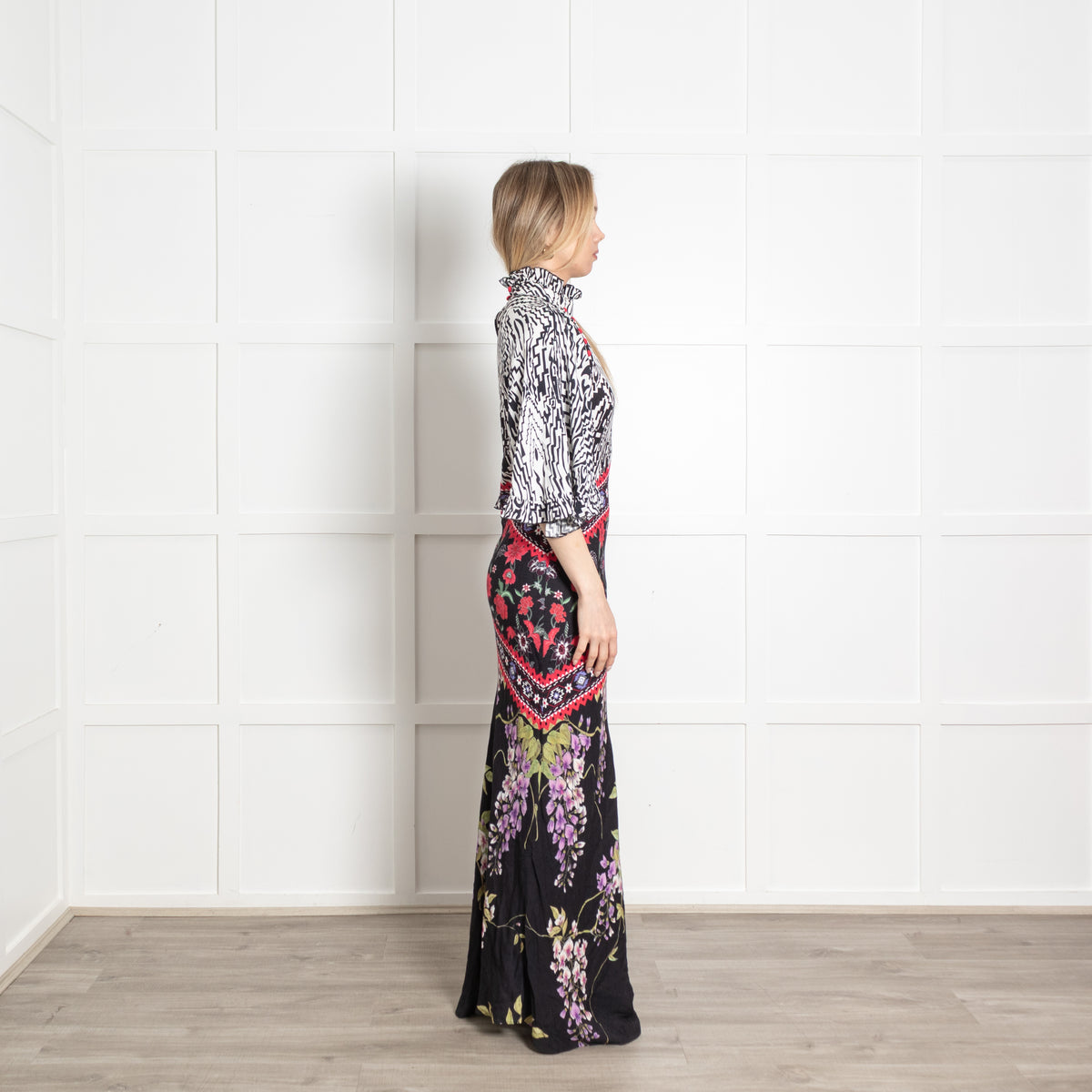 Hayley Menzies White Black Red Floral Frill Trim Maxi Dress