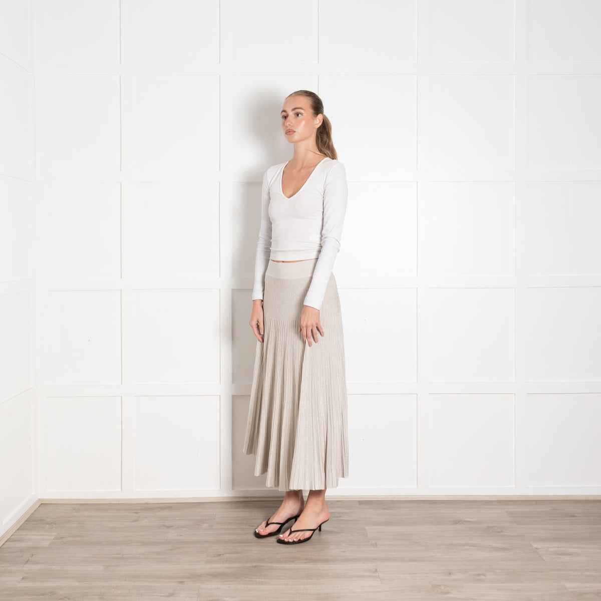 Casasola Silver Lurex Pleated Midi Skirt