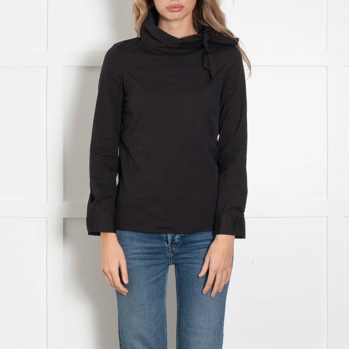 Prada Black Cotton High Neck Blouse with Tie