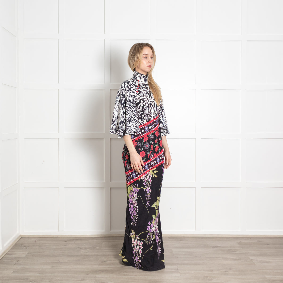 Hayley Menzies White Black Red Floral Frill Trim Maxi Dress